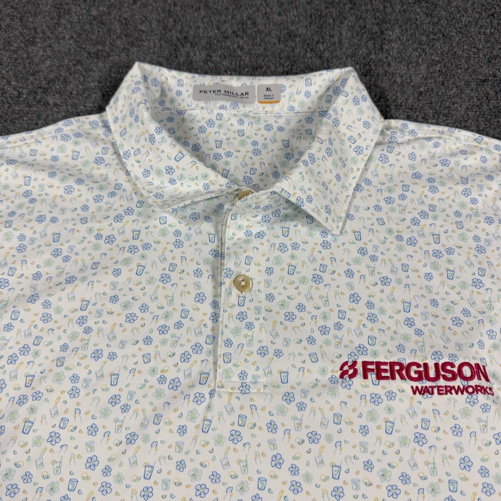 Peter Millar Featherweight Polo Mens XL Flower Bird Drink Print Performance Golf